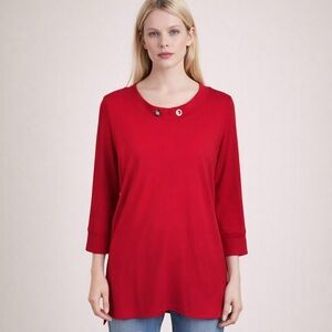 Sympli Red Tunic Top Cowl Neck A-Line Slinky Travel Knit Pockets Chic Size 12